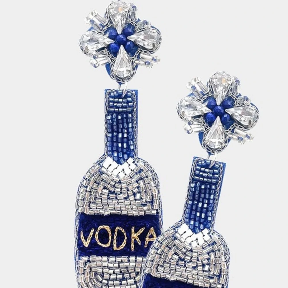 Blue and silver felt back vodka bottle fashion beaded earrings